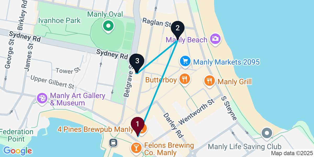 Map for 4-Stop Manly Bar Crawl