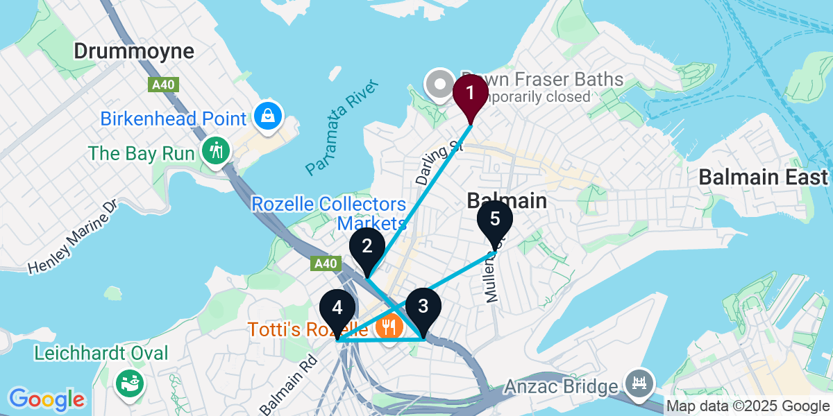 Map for 5-Stop Balmain Live music Bar Crawl