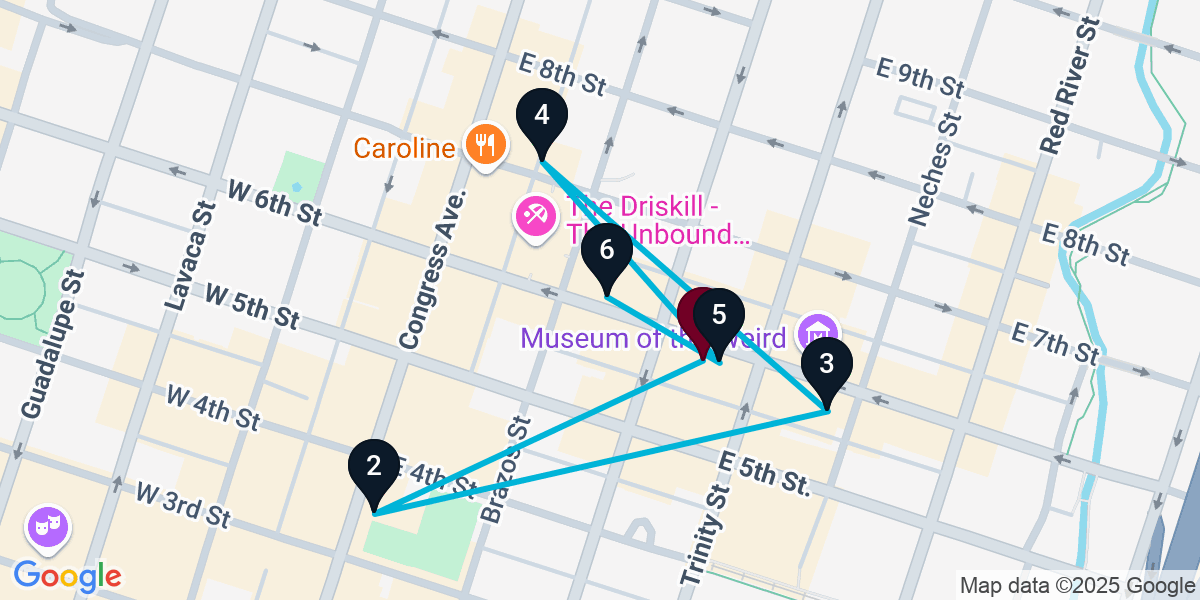 Map for 6-Stop Austin Bar Crawl