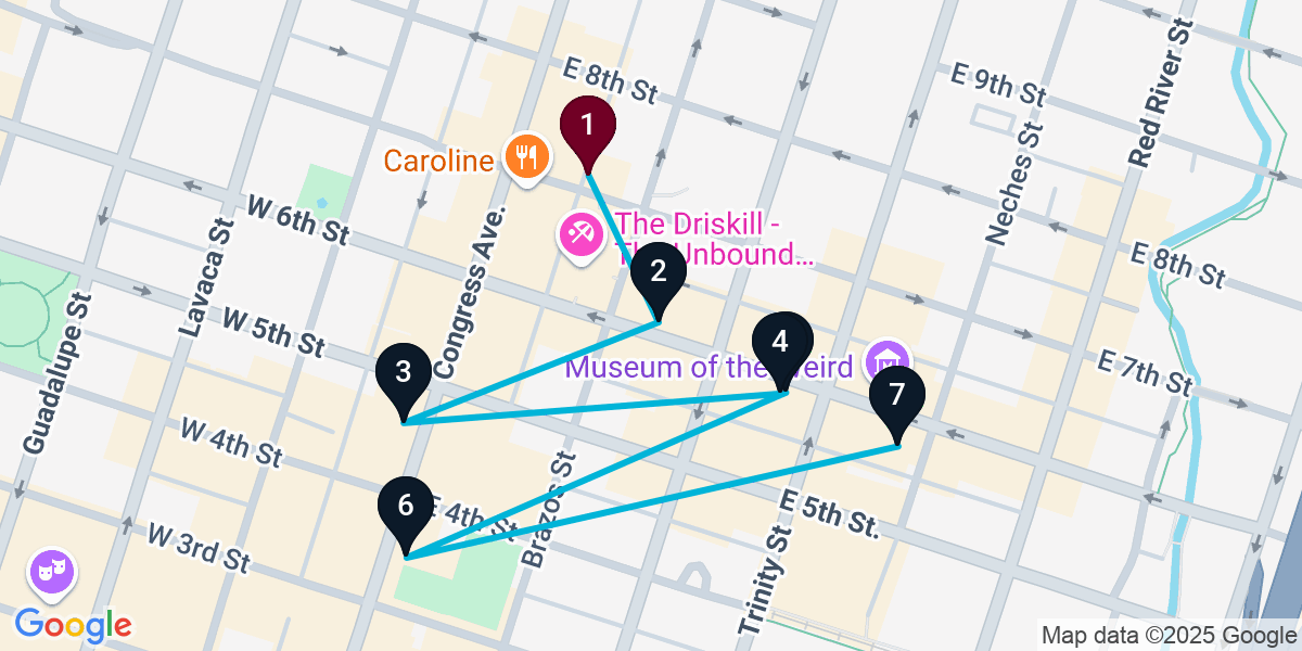 Map for 7-Stop Austin Live music Bar Crawl