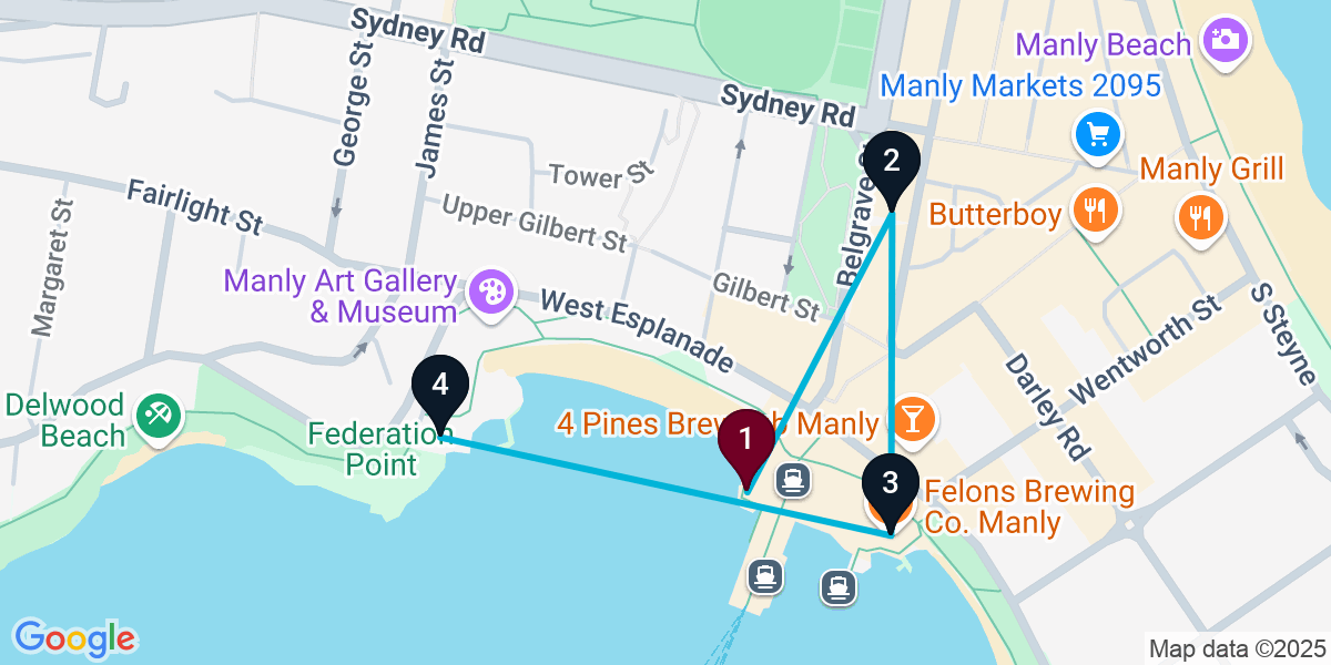 Map for 4-Stop Manly Nightclub Bar Crawl