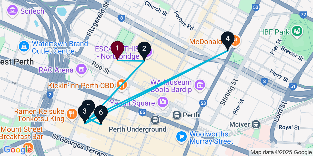 Map for 6-Stop Northbridge Bar Crawl