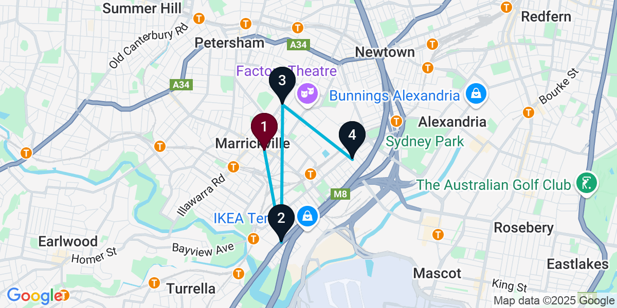 Map for 4-Stop Marrickville Pub Bar Crawl