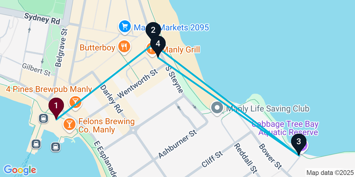 Map for 4-Stop Manly Beach bar Bar Crawl