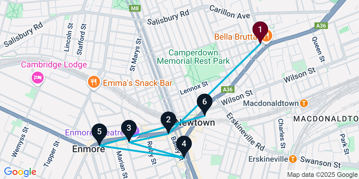 Map for 6-Stop Newtown Bar Crawl