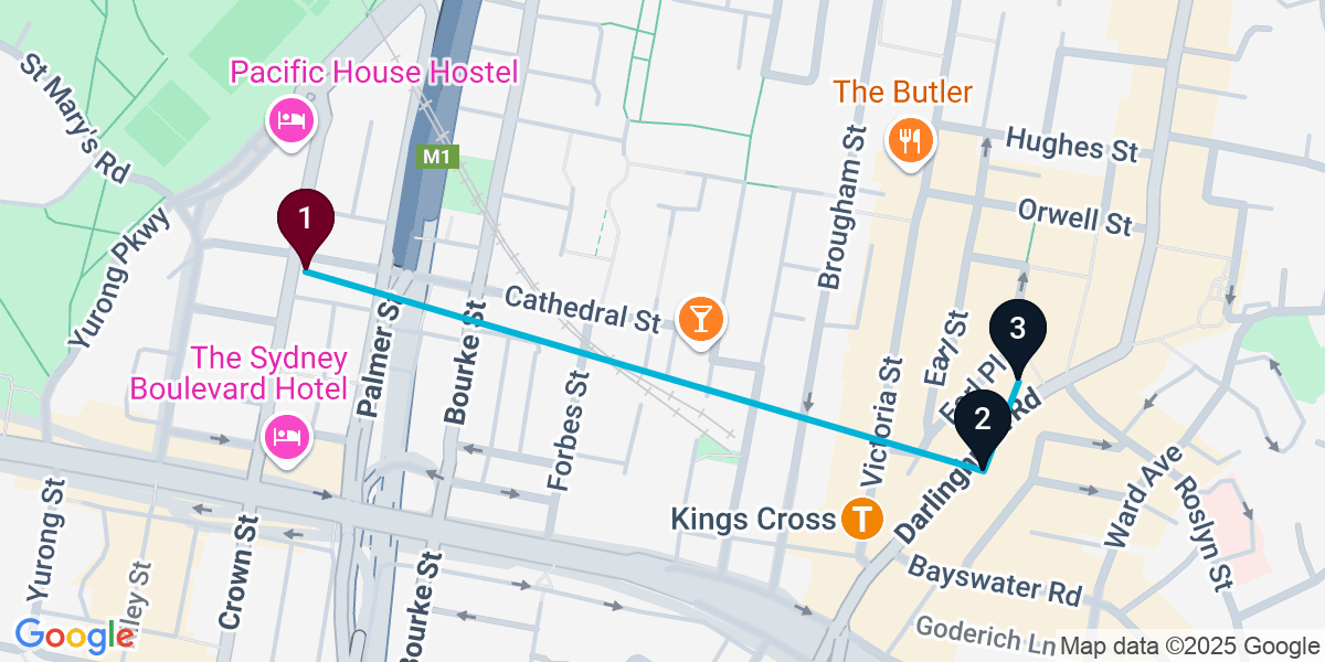 Map for 3-Stop Woolloomooloo Nightclub Bar Crawl