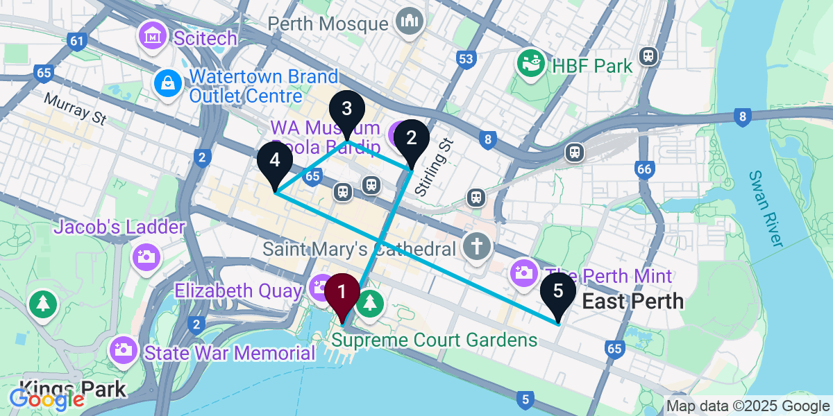 Map for 5-Stop Perth Nightclub Bar Crawl