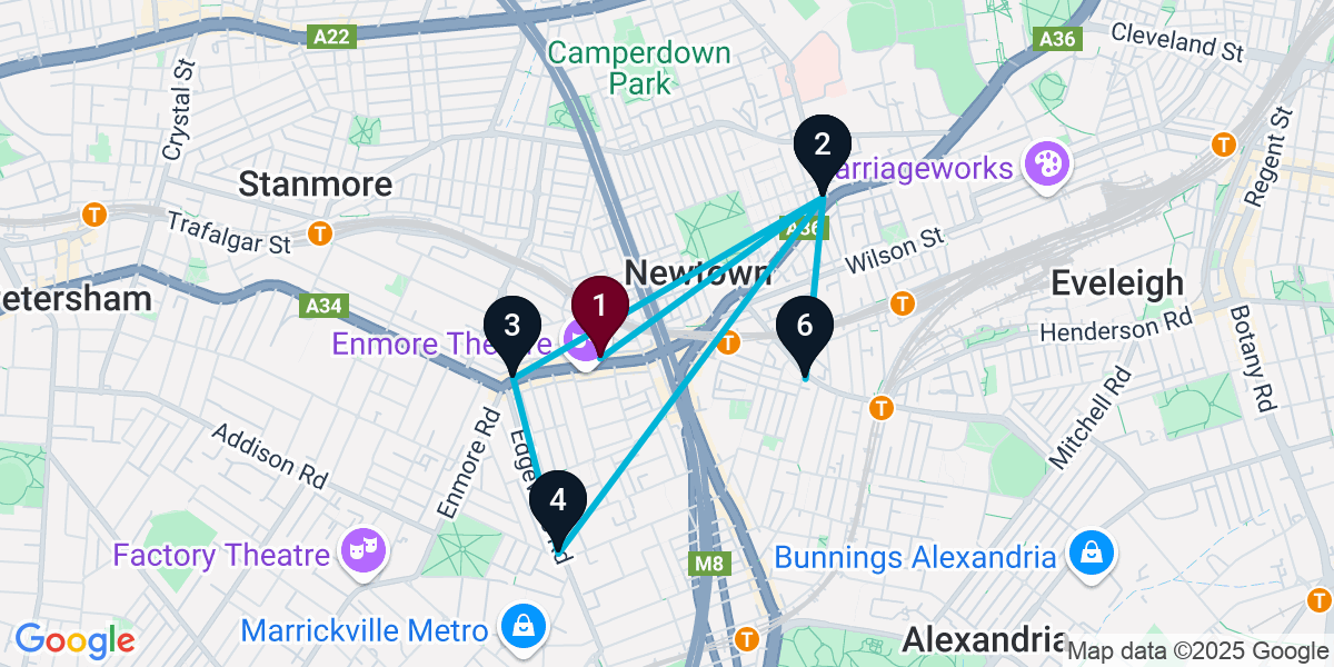 Map for 6-Stop Newtown Nightclub Bar Crawl