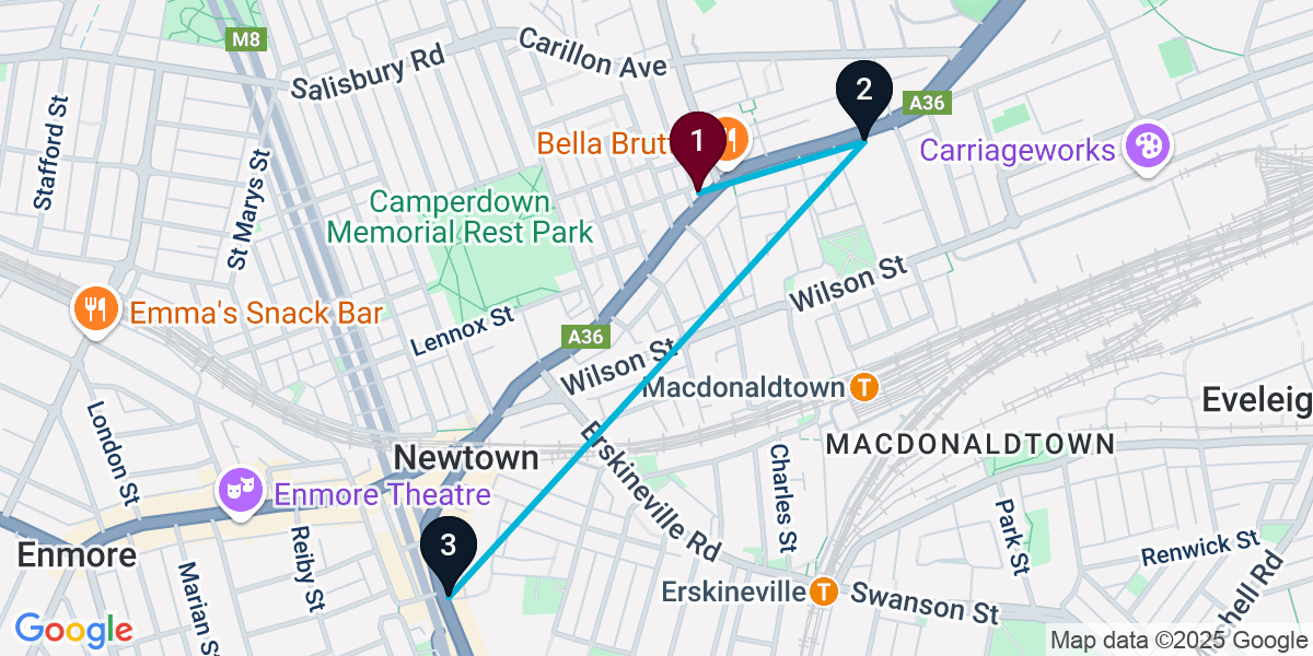 Map for 3-Stop Newtown Cocktail Bar Crawl