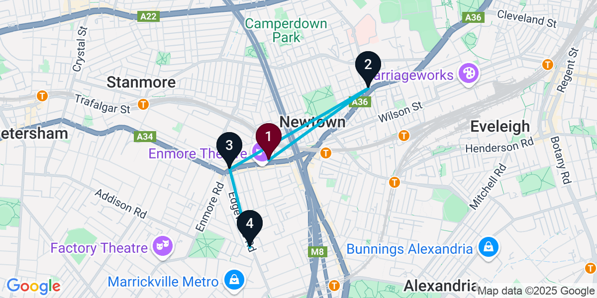 Map for 4-Stop Newtown Nightclub Bar Crawl