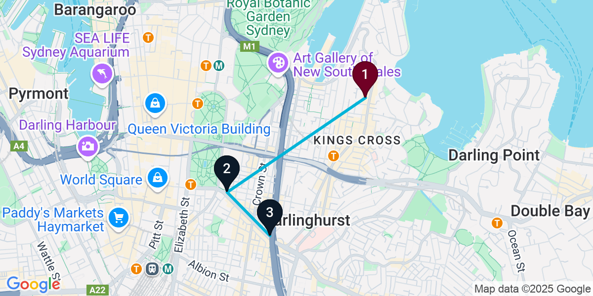 Map for 3-Stop Potts Point Nightclub Bar Crawl