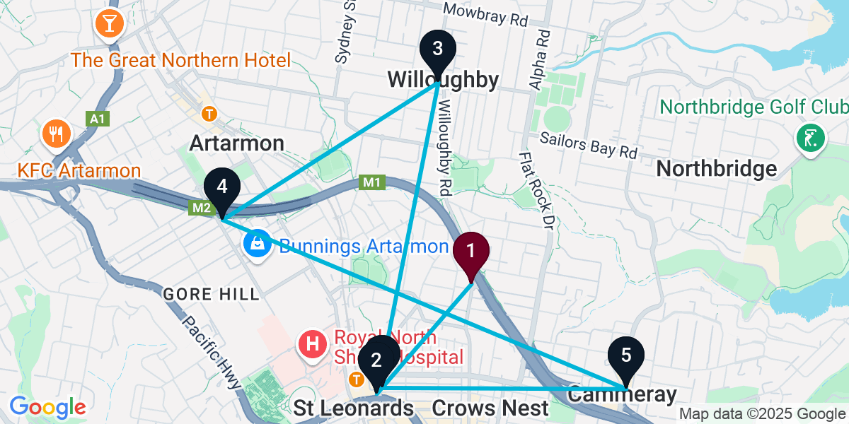 Map for 6-Stop Naremburn Pub Bar Crawl