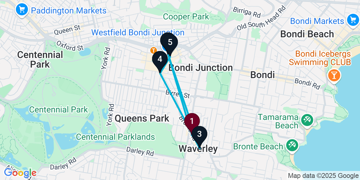 Map for 5-Stop Waverley Wine bar Bar Crawl