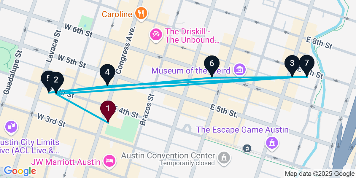 Map for 7-Stop Austin Nightclub Bar Crawl