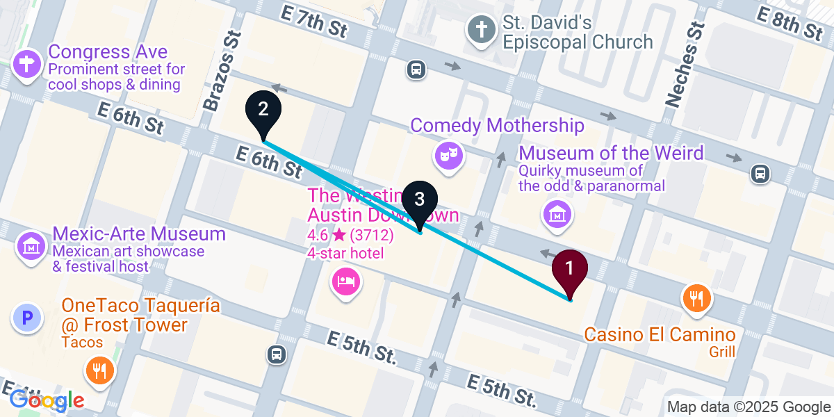 Map for 3-Stop Austin Live music Bar Crawl