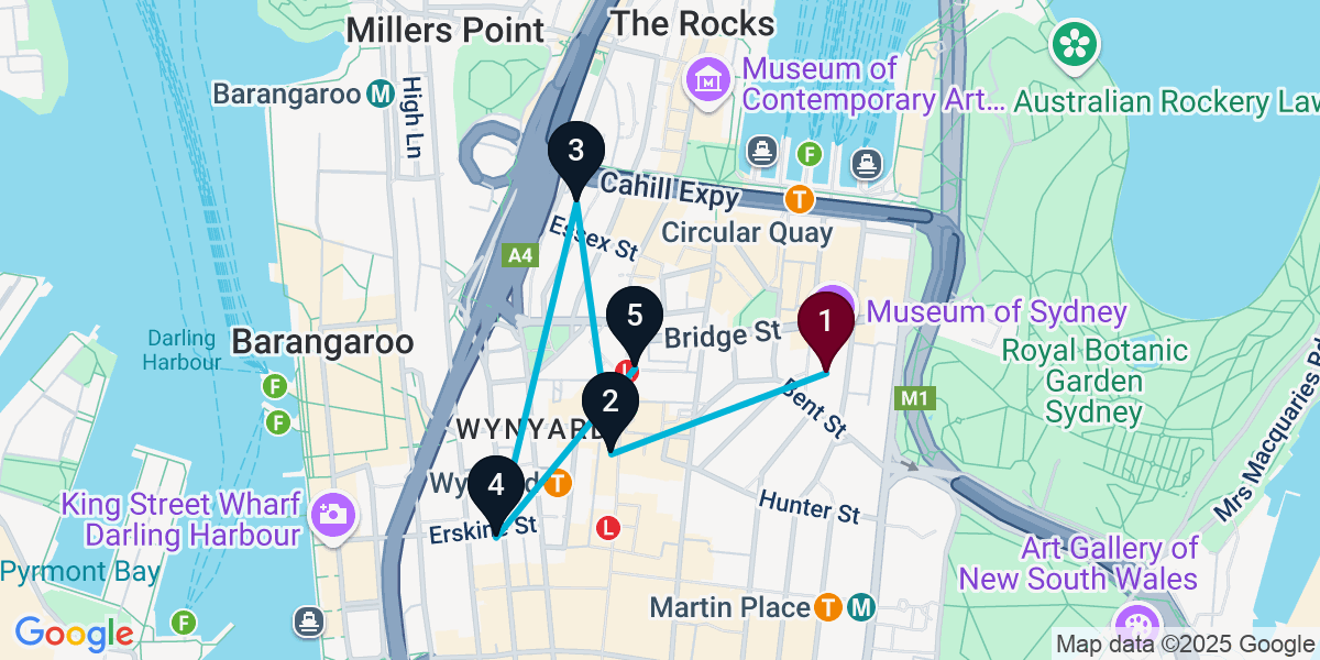 Map for 5-Stop Sydney Pub Bar Crawl