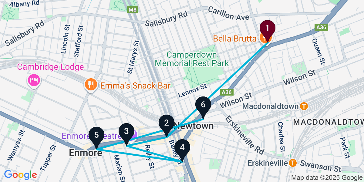 Map for 6-Stop Newtown Bar Crawl