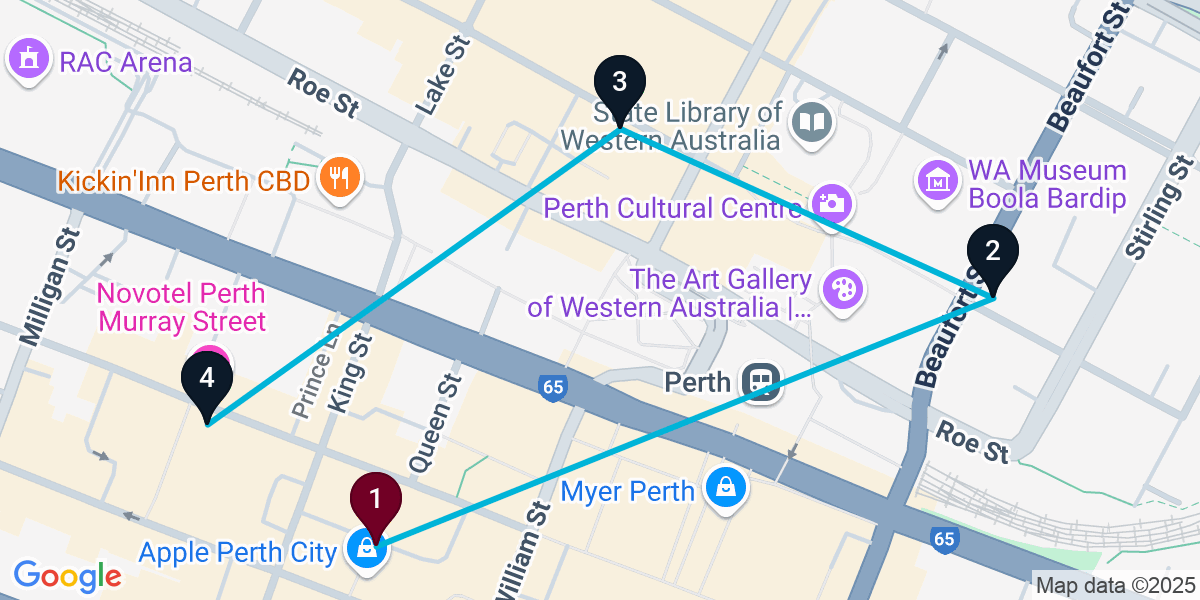 Map for 4-Stop Perth Nightclub Bar Crawl