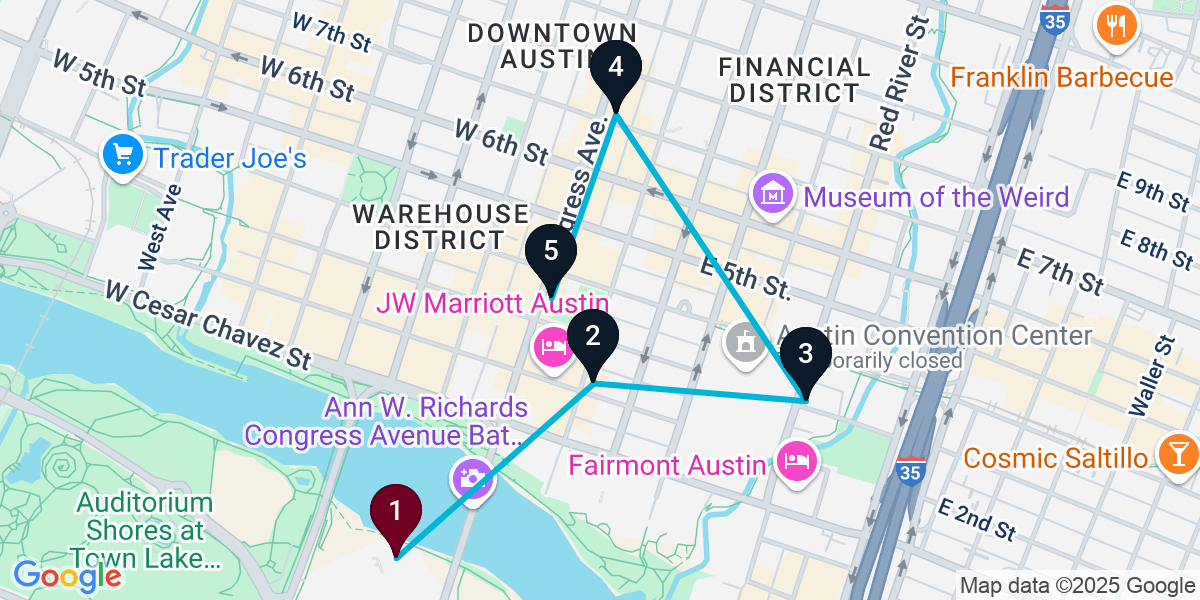 Map for 5-Stop Austin Bar Crawl