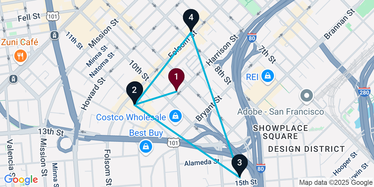 Map for 5-Stop San Francisco Nightclub Bar Crawl