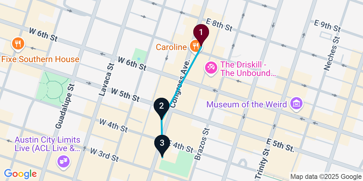 Map for 3-Stop Austin Cocktail Bar Crawl