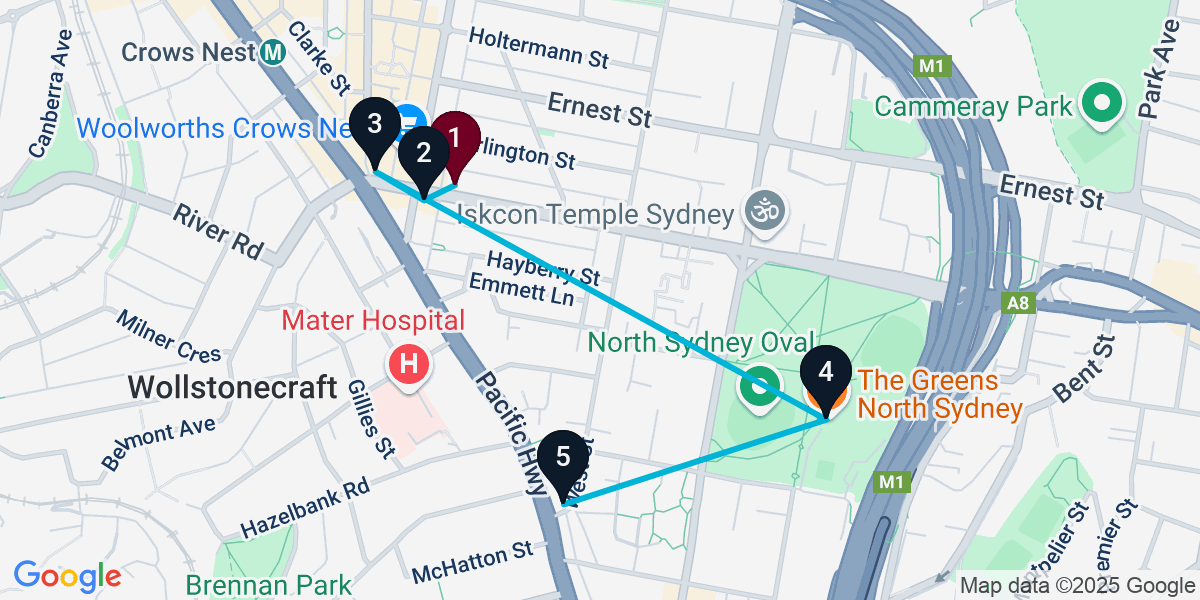 Map for 5-Stop Crows Nest Pub Bar Crawl