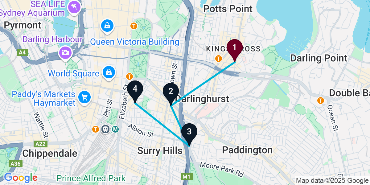 Map for 4-Stop Potts Point Brewery Bar Crawl