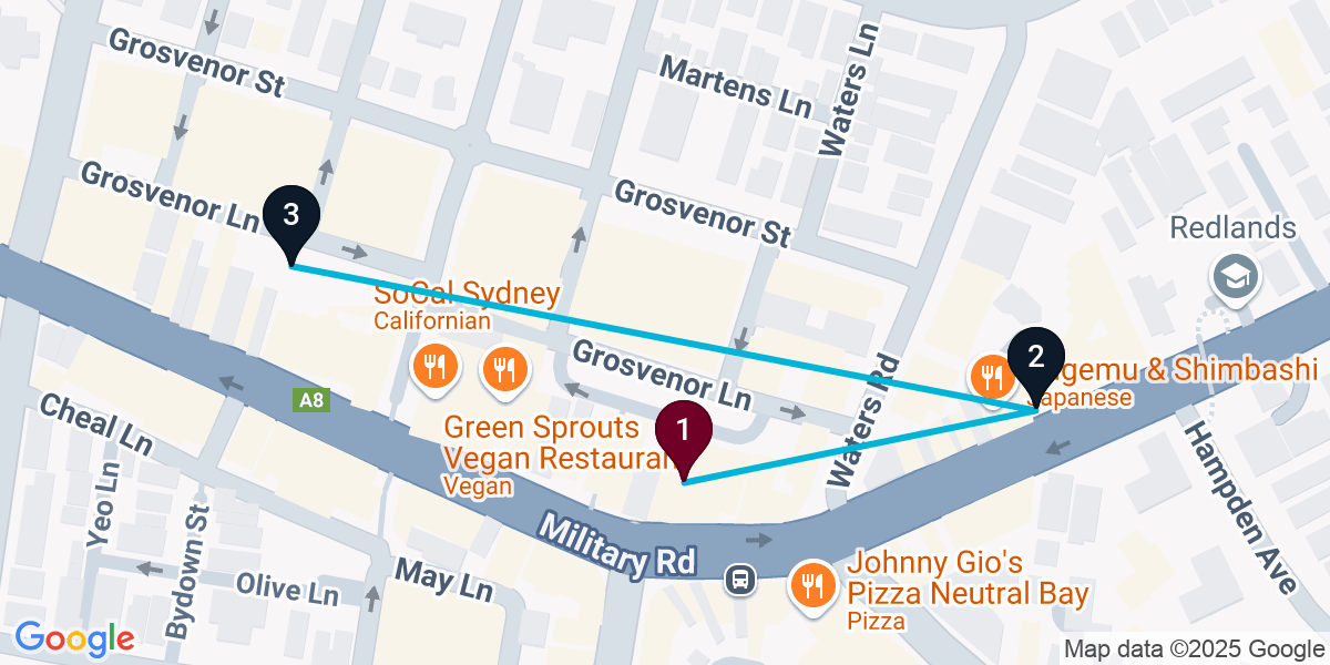 Map for 3-Stop Neutral Bay Live music Bar Crawl