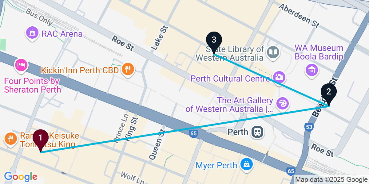 Map for 3-Stop Perth Nightclub Bar Crawl