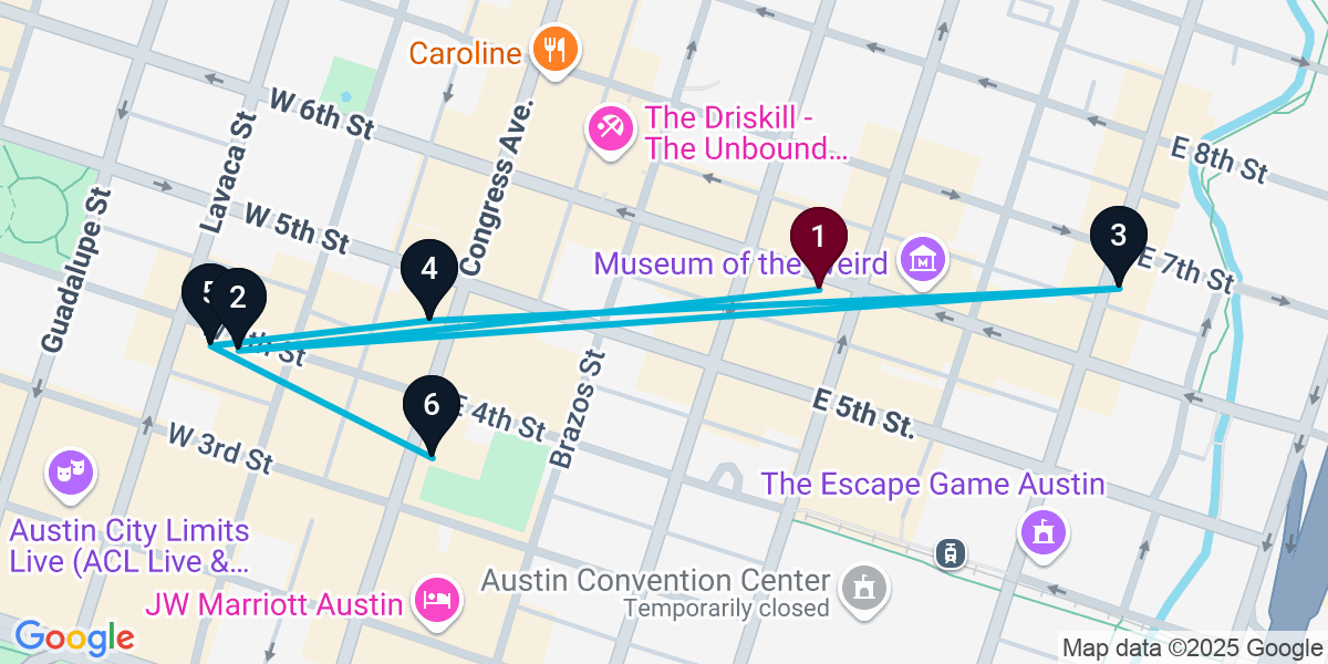 Map for 6-Stop Austin Nightclub Bar Crawl