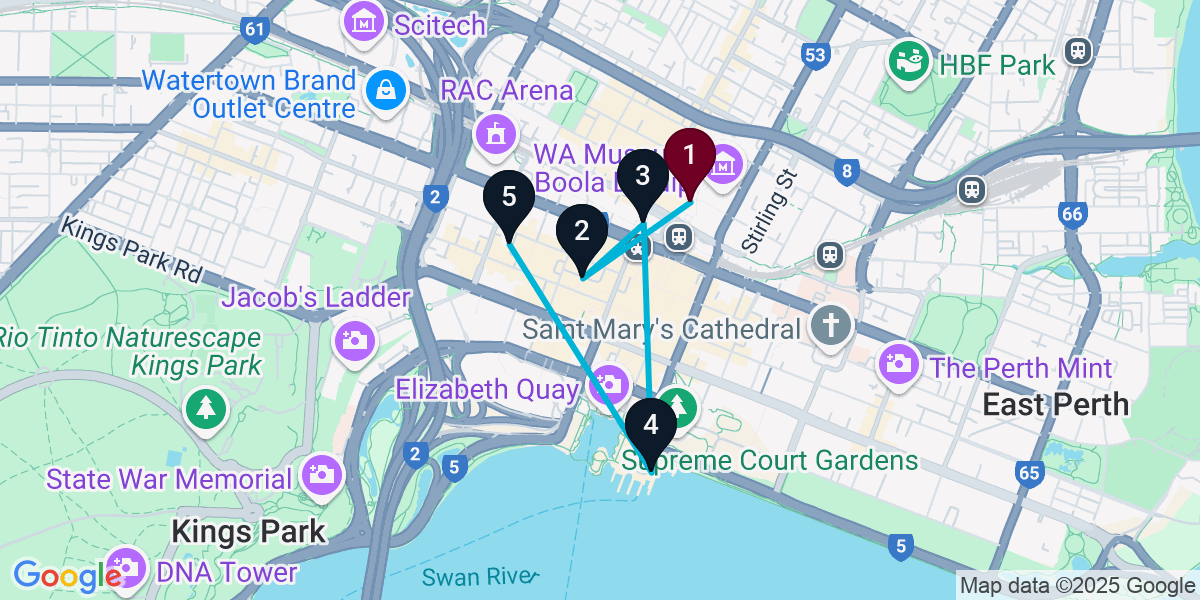 Map for 5-Stop Northbridge Cocktail Bar Crawl