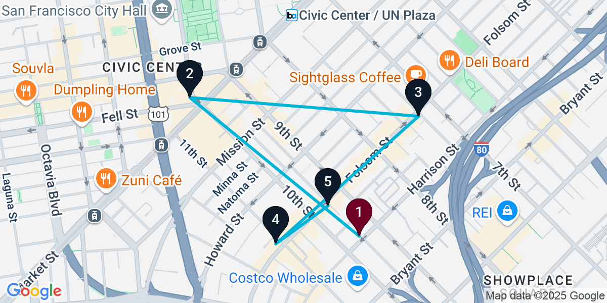 Map for 5-Stop San Francisco Bar Crawl