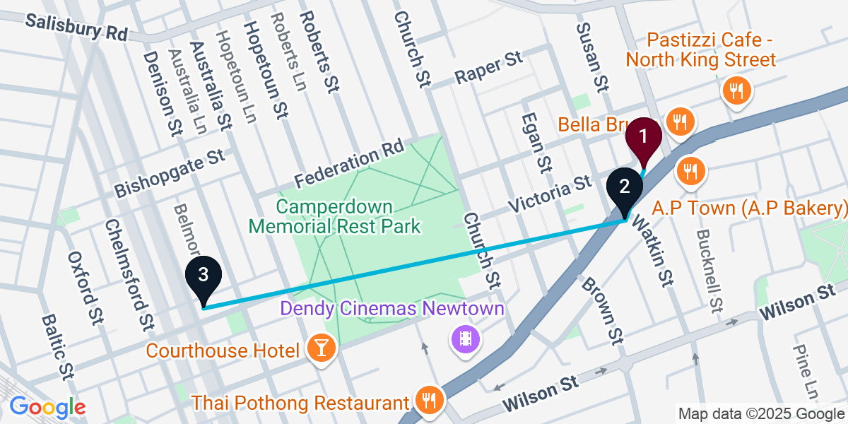 Map for 3-Stop Newtown Pub Bar Crawl