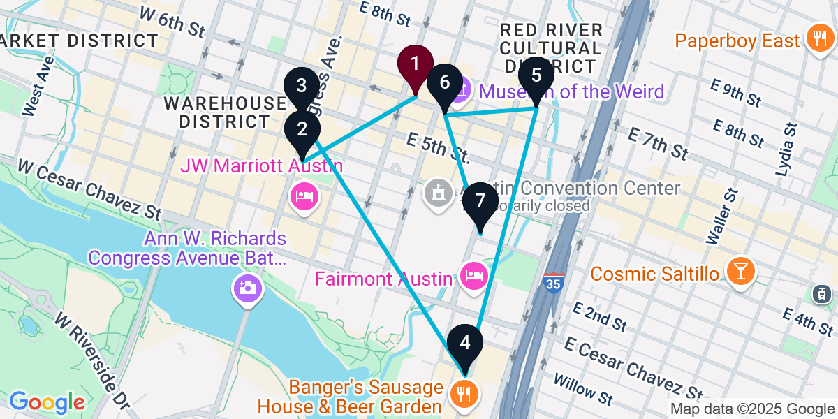 Map for 7-Stop Austin Cocktail Bar Crawl