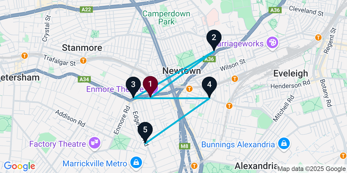 Map for 5-Stop Newtown Nightclub Bar Crawl