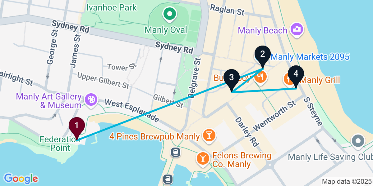 Map for 4-Stop Manly Pub Bar Crawl