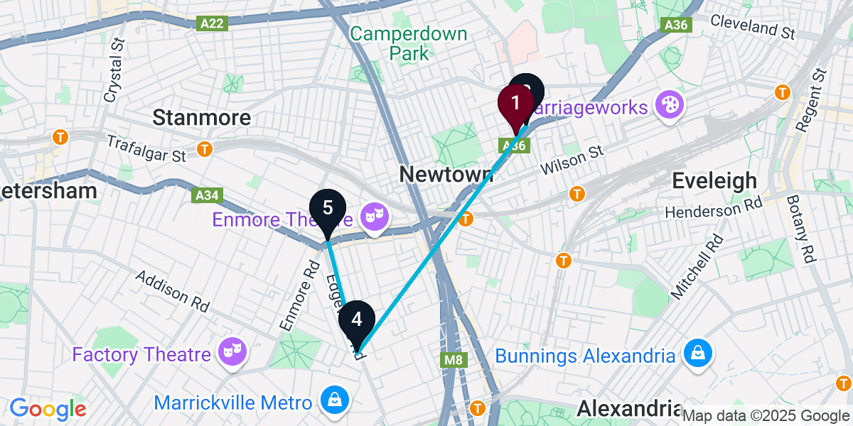Map for 5-Stop Newtown Nightclub Bar Crawl