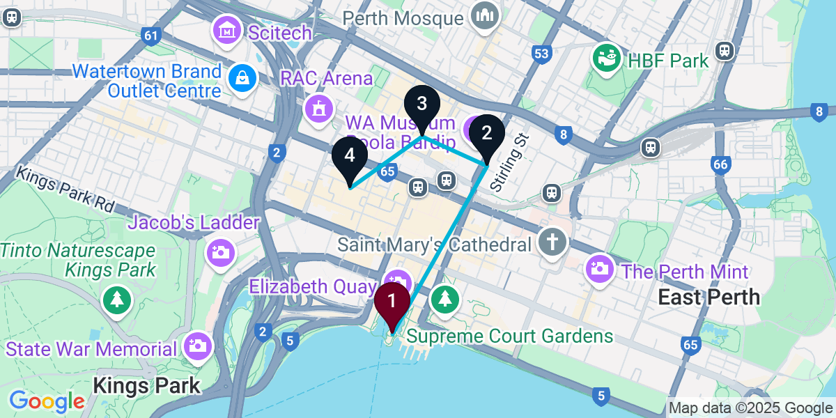 Map for 4-Stop Perth Nightclub Bar Crawl
