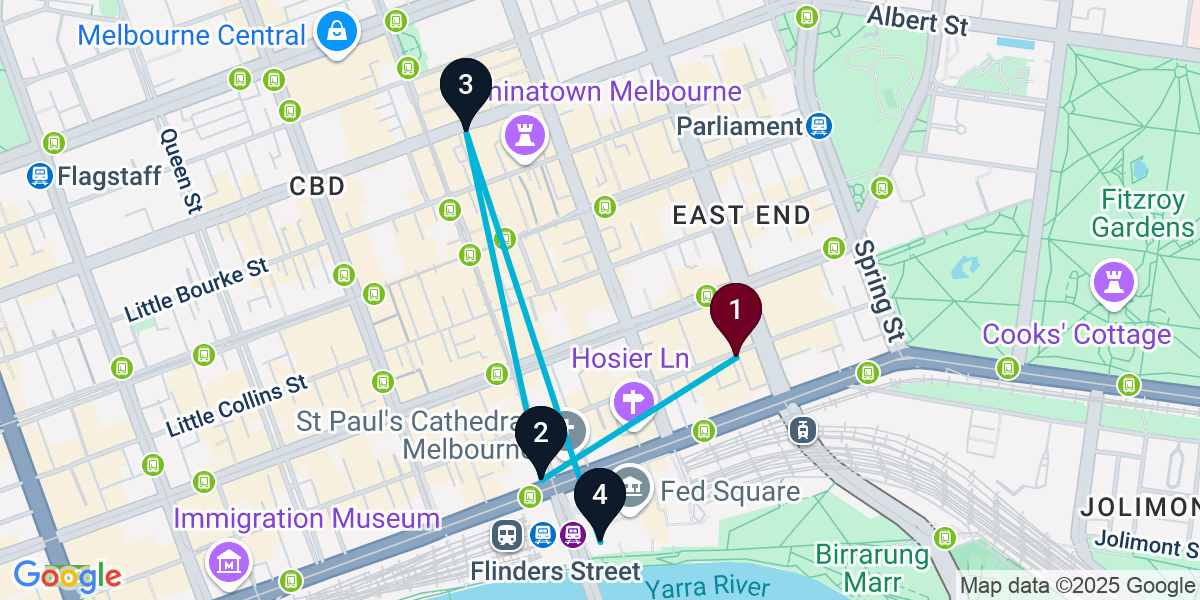 Map for 4-Stop Elite Melbourne Rooftop Bar Crawl