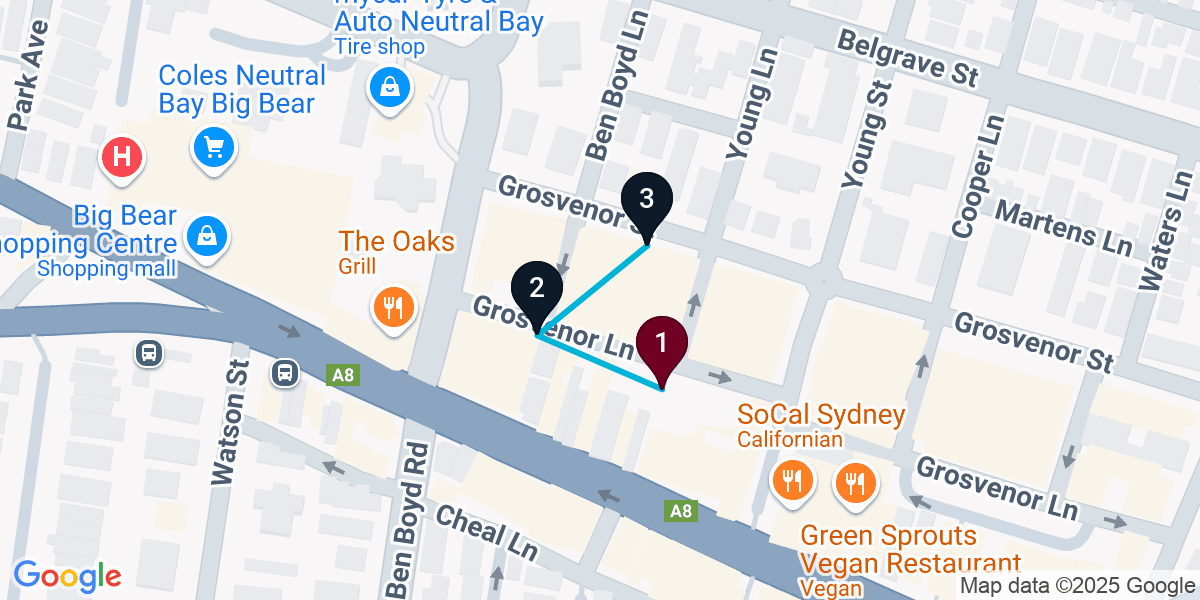Map for 3-Stop Neutral Bay Bar Crawl