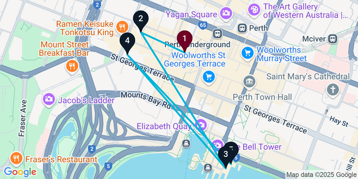 Map for 5-Stop Perth Rooftop Bar Crawl