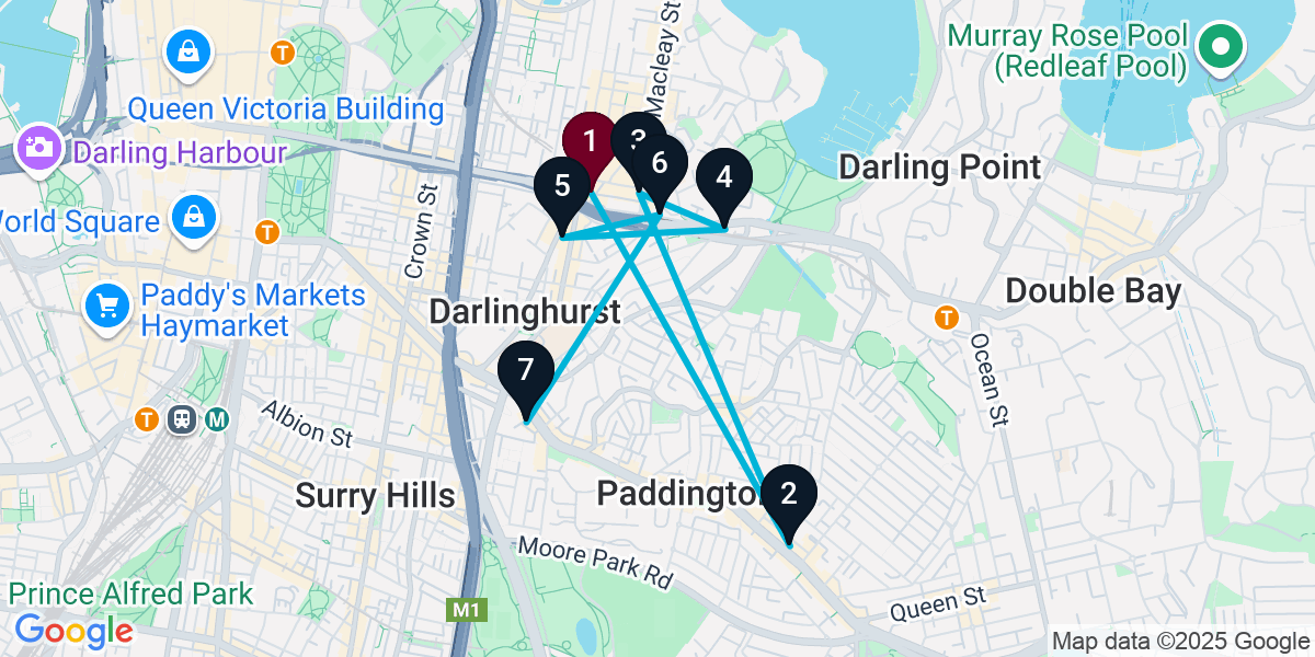 Map for 7-Stop Potts Point Wine bar Bar Crawl