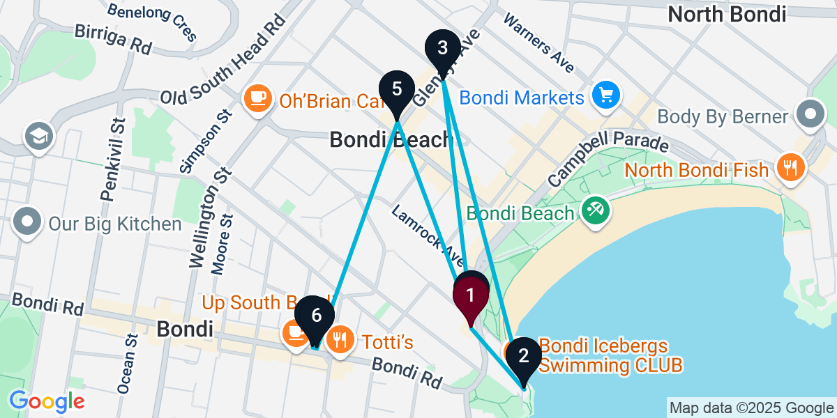 Map for 7-Stop Bondi Beach Cocktail Bar Crawl