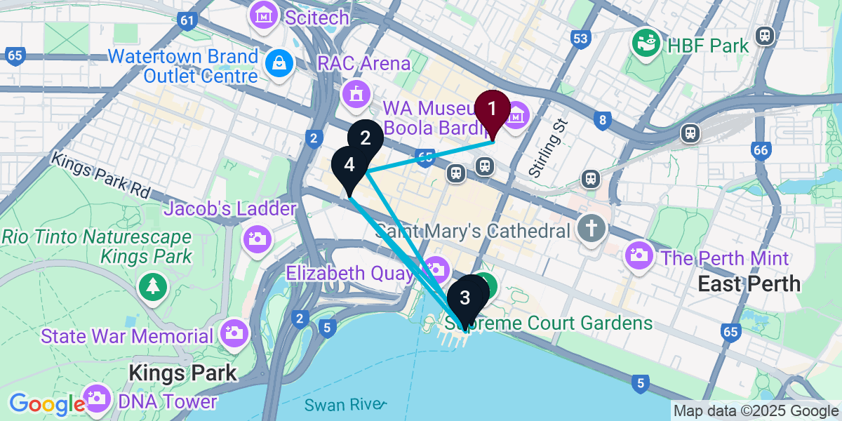 Map for 5-Stop Northbridge Rooftop Bar Crawl
