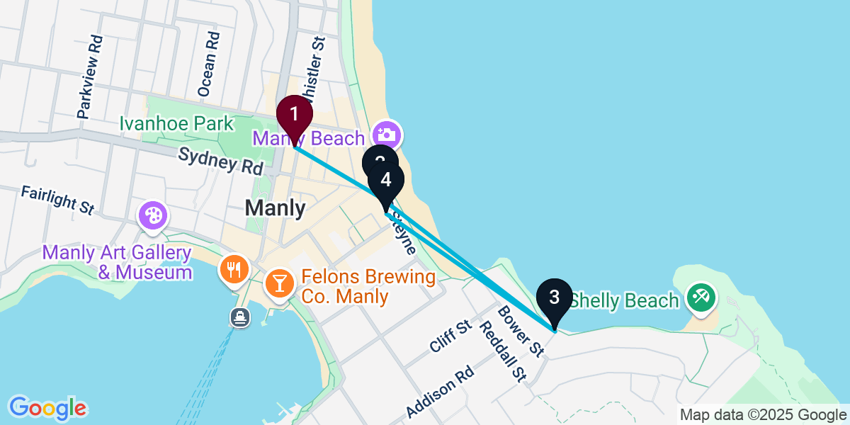 Map for 4-Stop Manly Beach bar Bar Crawl