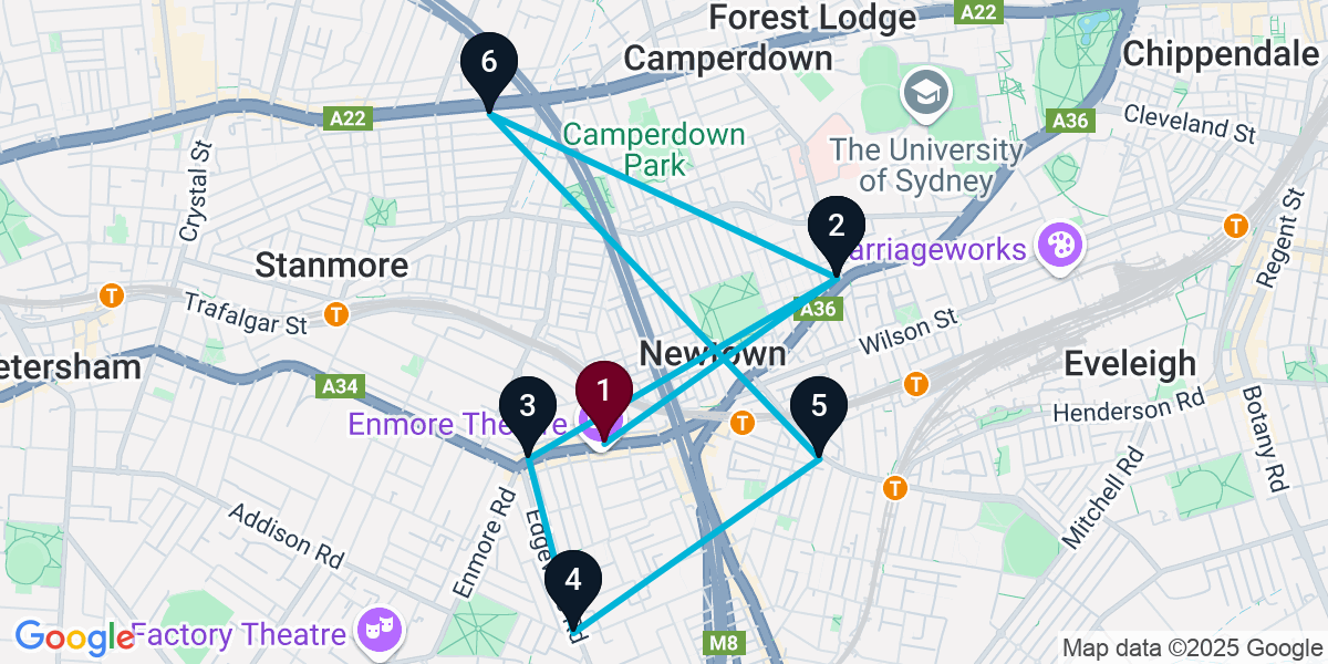 Map for 7-Stop Newtown Nightclub Bar Crawl