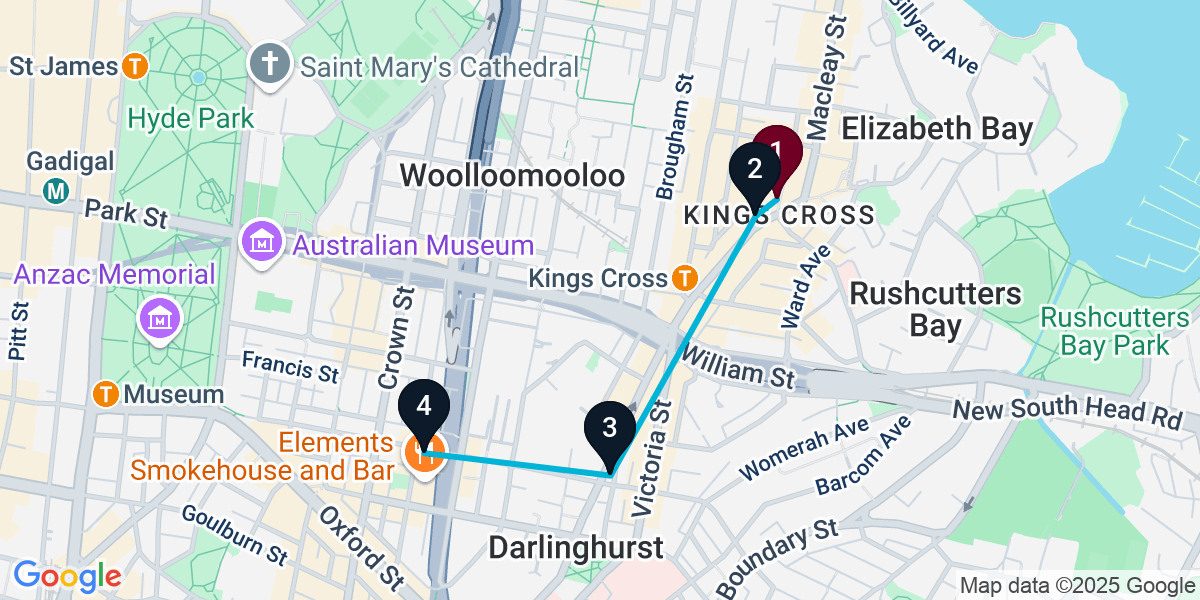 Map for 4-Stop Potts Point Rooftop Bar Crawl