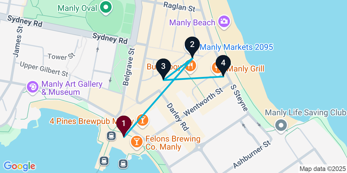 Map for 4-Stop Manly Pub Bar Crawl