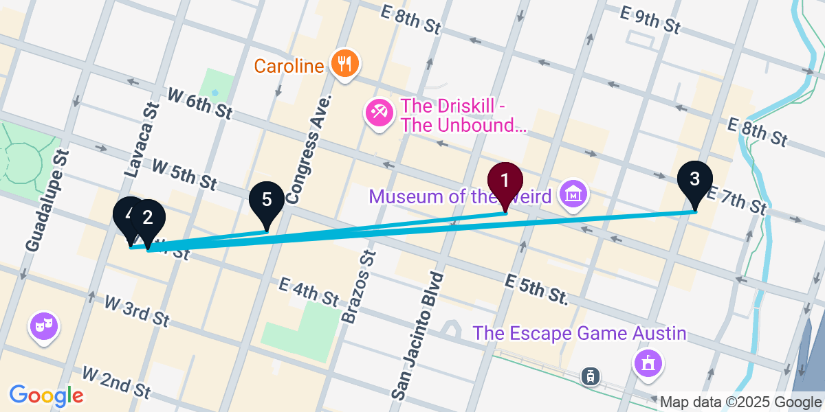 Map for 5-Stop Austin Nightclub Bar Crawl