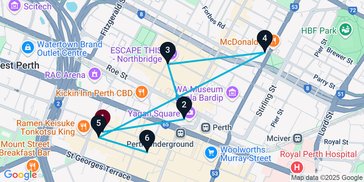 Map for 6-Stop Perth Cocktail Bar Crawl